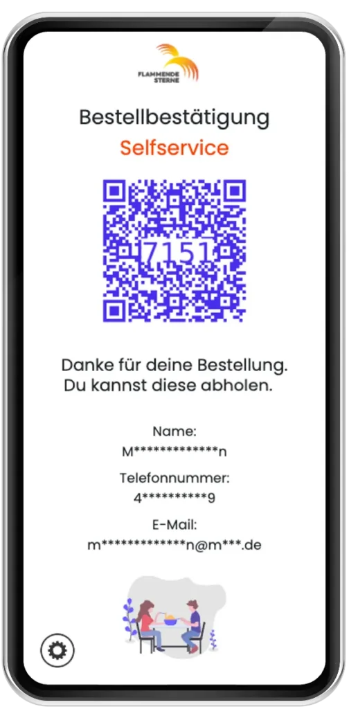 sizzly ordering app the "Flaming Stars" CI displaying an order confirmation