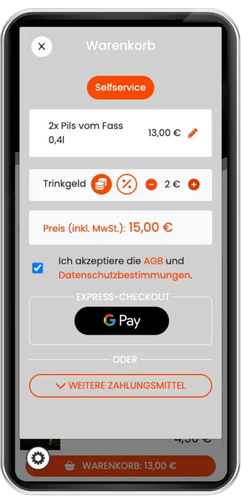 sizzly ordering app Flammende Sterne branding, showing the shopping cart