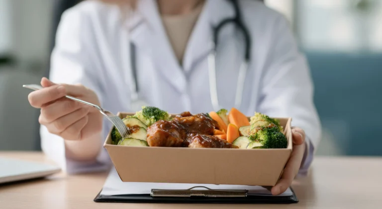 doctor eating food from takeaway container