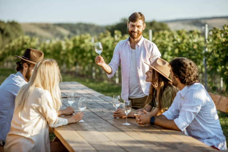 group of people drinking vine in vineyard