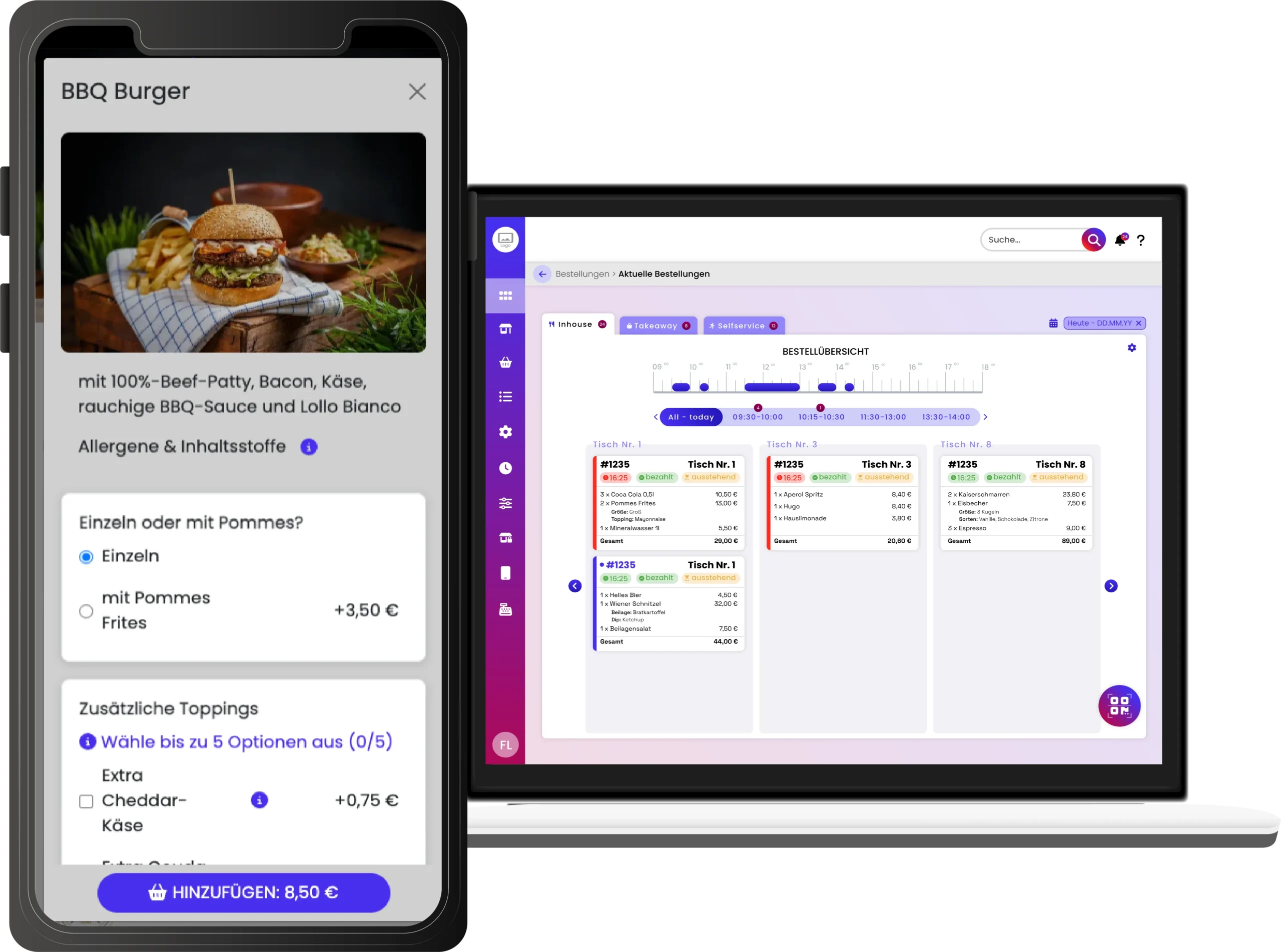 screens of sizzly ordering app and gastro app